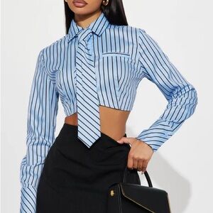 Fashion Nova Blue Striped Button Down Crop Top
